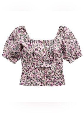 Color Block Smocked Floral Top Pink Purple Green Small